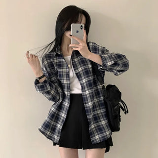 Protective Instinct Oversized Fit, Daily Boxy Plaid Long Sleeve Shirt