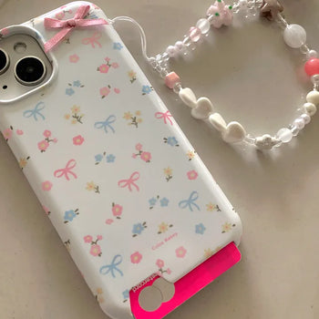 Flower Pattern Ribbon Keyring Set White Card Holder Hard iPhone Case