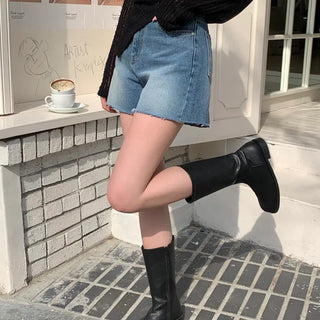 Feb Medium Blue Length A-Line High-Waisted Denim Shorts