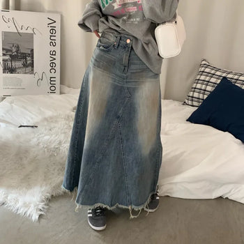 [SS New Arrival] Vintage Flare Maxi Washed Denim Long Skirt