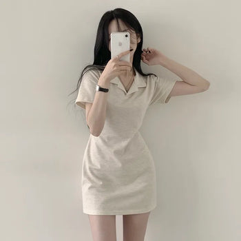 Waist-cinched~ Back Ribbon Collar Short Sleeve Mini Dress