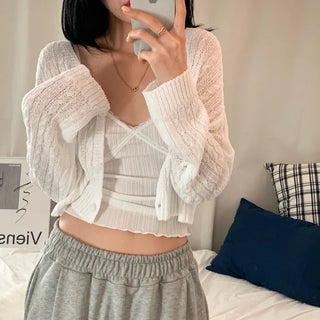 [Until Midsummer~] Boucle Delicate Fit See-through Crop V-Neck Cardigan (5 colors)