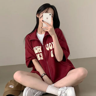 Full of Cuteness, High-Neck Collar Lettering Pocket Boxy Short Sleeve Zip-Up