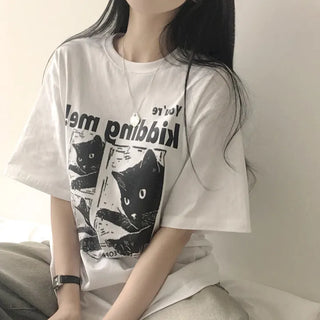 Hip Mood, Cat Print Boxy Short Sleeve T-shirt