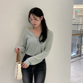 Iron Asymmetrical Strap V-Neck Ribbed Knit Cardigan