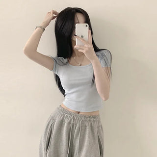 Figure-Shaping Stretchy Square Neck Ribbed Crop Short Sleeve T-Shirt