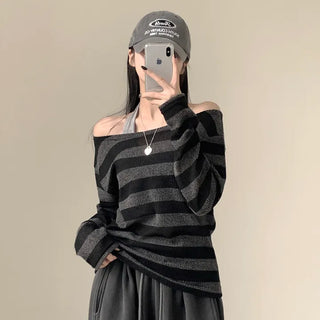 Delicate fit you'll want to protect, Striped Lip Neck Off-Shoulder Loose Fit Long Sleeve Knit
