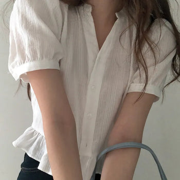 Bay Shirred Short Sleeve Blouse Frill Blouse/Travel/Vacation/Puff Blouse