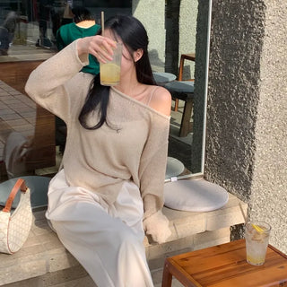 Linf Asymmetrical Off-Shoulder Slit Loose Fit See-through Mesh Knit