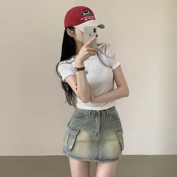 Amazing Colors, High-Waisted Vintage Washed Cargo Pocket Denim Cotton Mini Skirt