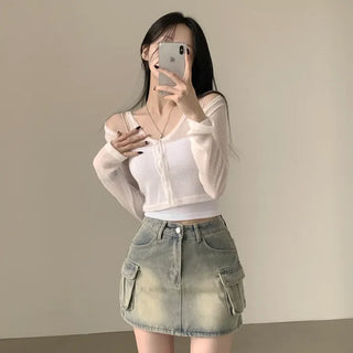 A Spoonful of Delicacy, Linen See-through Shoulder Slit Crop Long Sleeve Cardigan