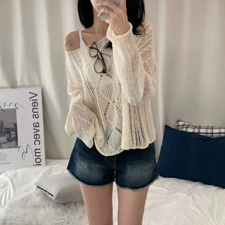 [Delicate Fit/Until Summer~] See-through Cable Knit Off-shoulder Crop Long Sleeve Knit (5 colors)