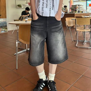 Cat-washed wide Bermuda denim pants