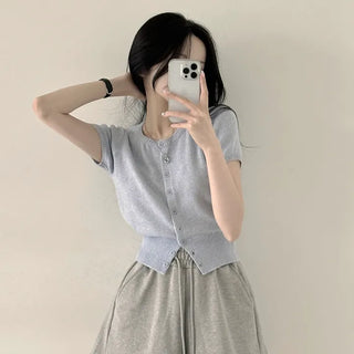 Color Masterpiece, Cashmere Round Cropped Short Sleeve Knit Cardigan