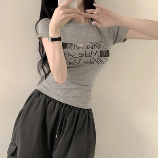 Stretchy and Soft, Round Cat Lettering Print Short Sleeve T-shirt