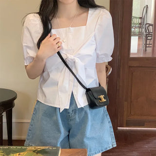 Puff Ribbon Short Sleeve Blouse