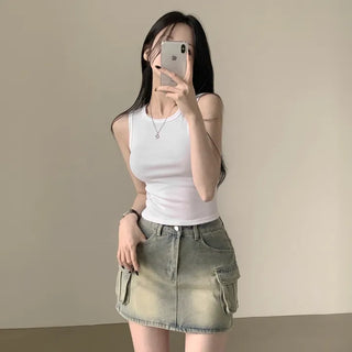 Summer Must-Have, Stretchy Ribbed Round Crop Sleeveless