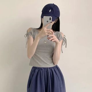 Slit Details! Round Ribbon Shirred Crop Short Sleeve T-shirt