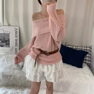 [Spring/Summer ver] Boucle Off-Shoulder Layered Knit Long Sleeve Tee (6 colors)