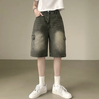 Wide Fit! High-Waisted Cat Wash Cargo Pocket Knee-Length Bermuda Denim Pants