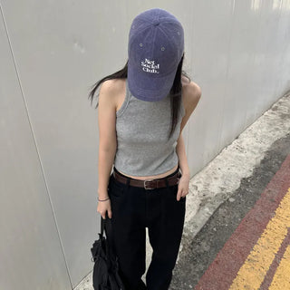 Ribbed cropped round sleeveless top