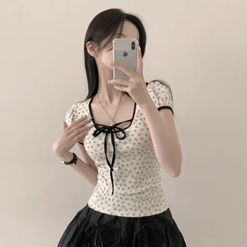 Flower U-Neck Ribbon Strap Color Block Slim Short Sleeve T-shirt