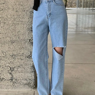Boheny Light Wash Damaged Cut Semi-Wide Straight Denim Pants