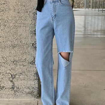 Boheny Light Wash Damaged Cut Semi-Wide Straight Denim Pants