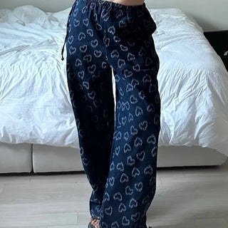 Low-rise denim heart loose fit wide elastic waist pants