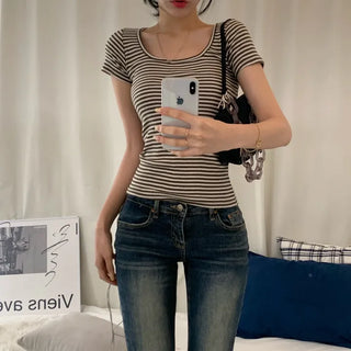 [Slim Fit/Square Round ver] Striped Long Sleeveless Short Sleeve T-shirt (3 colors)