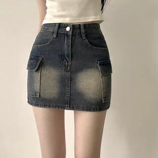 Trendy Mood, High-Waisted Sand Washed Cargo Pocket Denim Mini Skirt