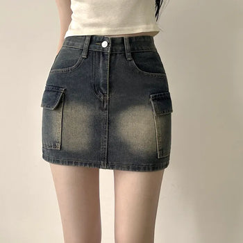 Trendy Mood, High-Waisted Sand Washed Cargo Pocket Denim Mini Skirt