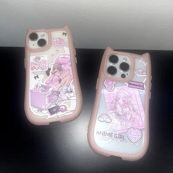 Anime Cat Pink Silicone Border iPhone Case