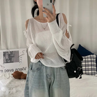 [Prevents Shading!/Cool/Loose Fit] Summer See-through Ribbon Off-Shoulder Long Sleeve Knit (5 colors)