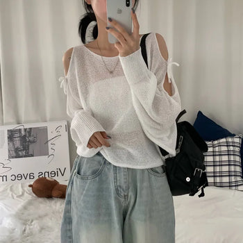 [Prevents Shading!/Cool/Loose Fit] Summer See-through Ribbon Off-Shoulder Long Sleeve Knit (5 colors)