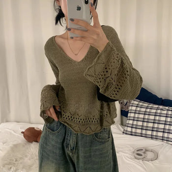 [Summer ver] Vintage Crop V-Neck Perforated Beachwear Long Sleeve Knit (5 colors)
