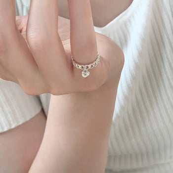 Heart Charm Dangling Chain Layered Open Pinky Ring Friendship Ring
