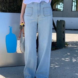 Shuni Light Blue Semi-Wide Straight Pocket Denim Pants