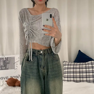 [Summer Knit/Salt-prevention] Cool Off-shoulder Shirred String See-through Layered Long Sleeve Knit (3 colors)