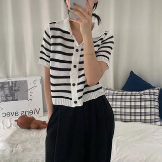 [Delicate/Cool!] Summer Striped Collared Neck Crop Short Sleeve Knit Cardigan (4 colors)