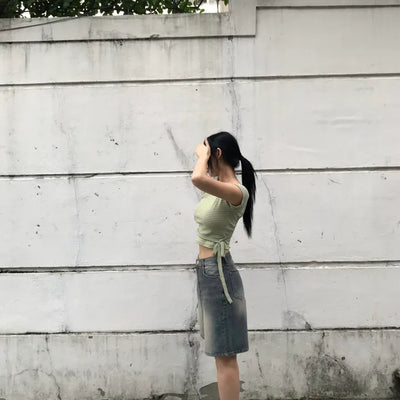 Washed capri denim pants