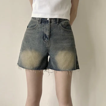 Fit Guaranteed, High-waisted Sand Washed A-line Cut Denim Shorts