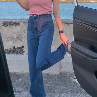 False dark blue semi-wide straight pocket denim pants