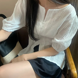 Scented Lace Back Ribbon Button Short Sleeve Blouse