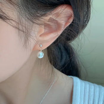 Mini Silver Ball Two-way Swarovski Pearl Clutch Drop Earrings