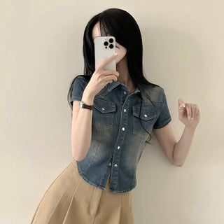 Masterpiece Colors, Sand Wash Pocket Collar Denim Short Sleeve Shirt