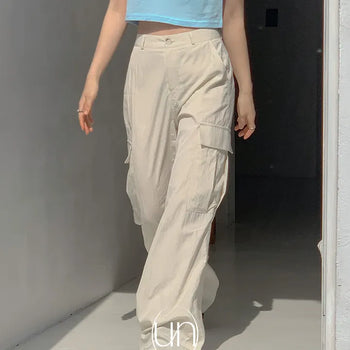 Core Cargo Pants Nylon Pants/Nylon Trousers/Cargo Pants/Wide Pants/Elastic Waist Pants