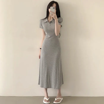 Effortlessly Chic, Plain Collar Back Ribbon Flare Short Sleeve Long Dress
