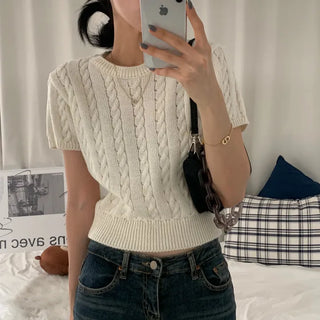 [Effortless Chic/Cinched Waist] Slit Cable Knit Summer Short Sleeve Knit (5 colors)