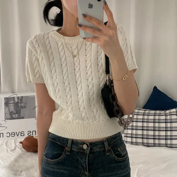 [Effortless Chic/Cinched Waist] Slit Cable Knit Summer Short Sleeve Knit (5 colors)